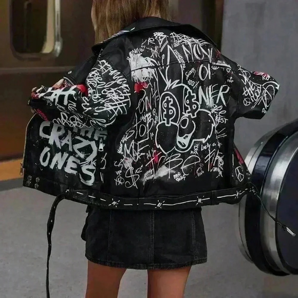 Black Casual Women's Trendy Colorful Graffiti Letter Punk Style Leather Jacket - Picture 2 of 8